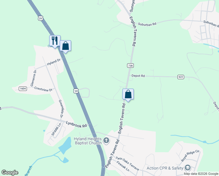 map of restaurants, bars, coffee shops, grocery stores, and more near 689 English Tavern Road in Rustburg
