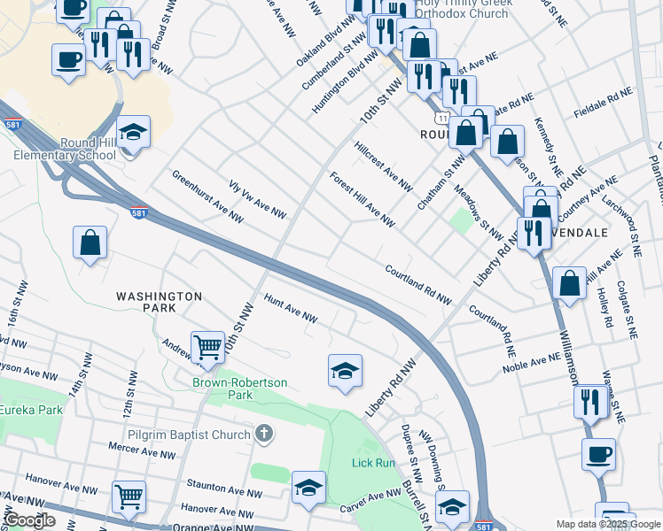 map of restaurants, bars, coffee shops, grocery stores, and more near 841 Queen Avenue Northwest in Roanoke