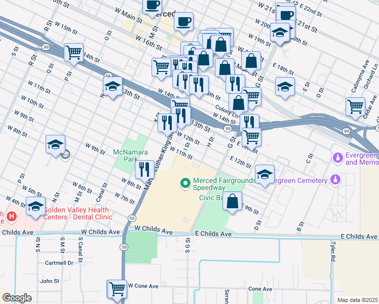 map of restaurants, bars, coffee shops, grocery stores, and more near 151 West 11th Street in Merced