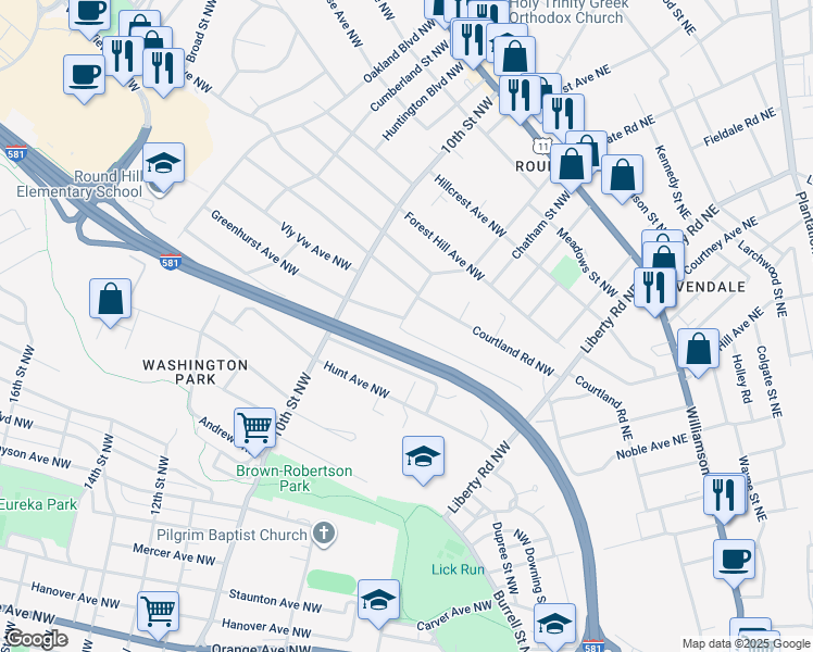 map of restaurants, bars, coffee shops, grocery stores, and more near 841 Queen Avenue Northwest in Roanoke