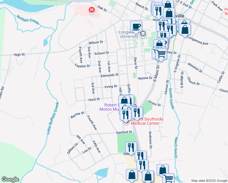 map of restaurants, bars, coffee shops, grocery stores, and more near 706 1st Avenue in Farmville