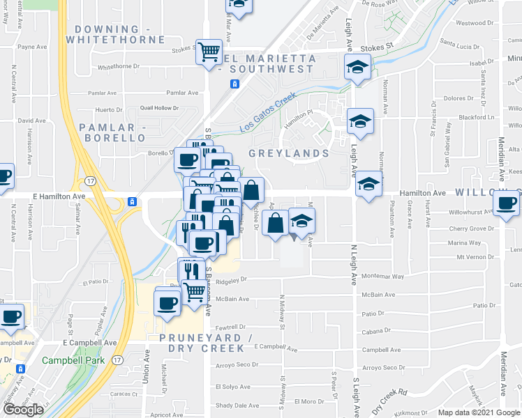 map of restaurants, bars, coffee shops, grocery stores, and more near 460 Richlee Drive in Campbell