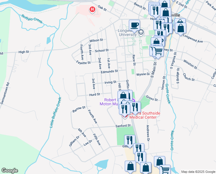 map of restaurants, bars, coffee shops, grocery stores, and more near 707 1st Avenue in Farmville