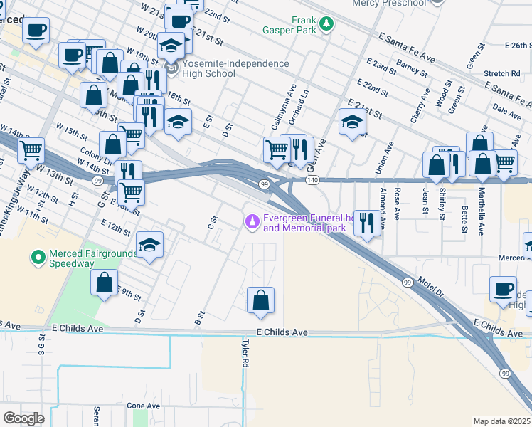 map of restaurants, bars, coffee shops, grocery stores, and more near 756 Crist Avenue in Merced