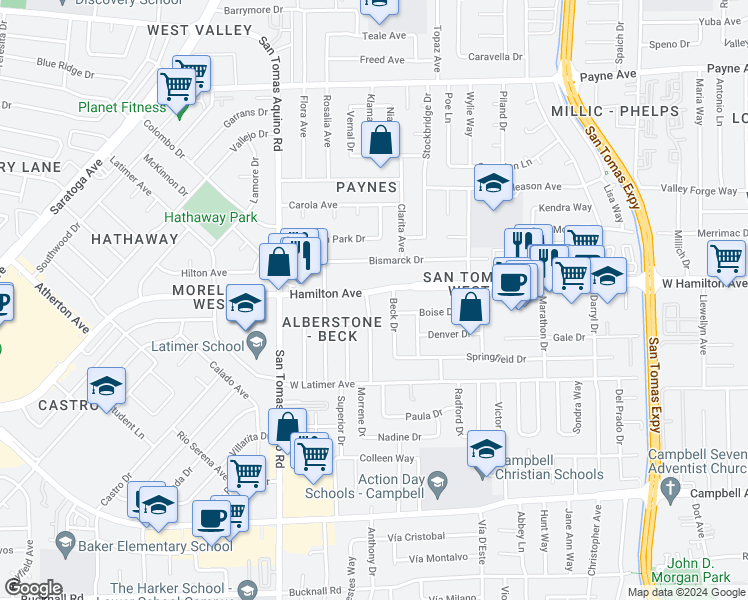 map of restaurants, bars, coffee shops, grocery stores, and more near 3990 Hamilton Avenue in San Jose