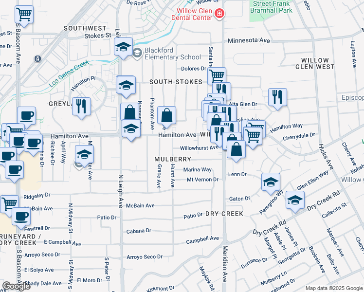map of restaurants, bars, coffee shops, grocery stores, and more near 1759 Willowhurst Avenue in San Jose
