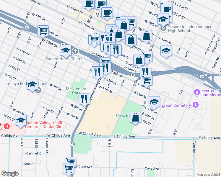 map of restaurants, bars, coffee shops, grocery stores, and more near 151 West 11th Street in Merced