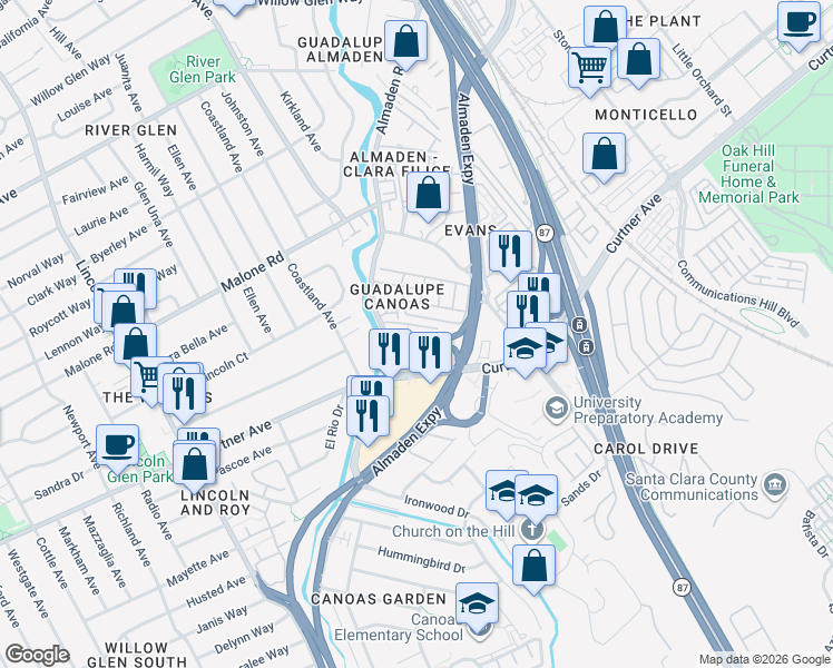 map of restaurants, bars, coffee shops, grocery stores, and more near 2282 Almaden Road in San Jose