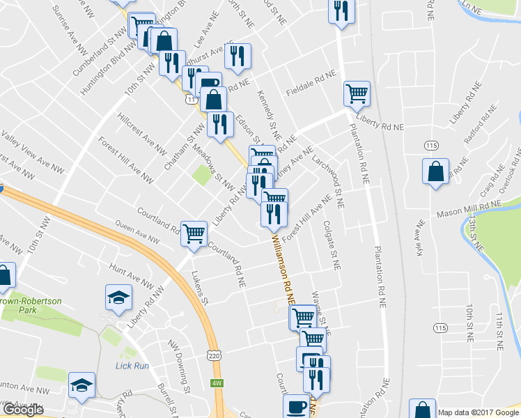 map of restaurants, bars, coffee shops, grocery stores, and more near 99 Laconia Avenue Northeast in Roanoke
