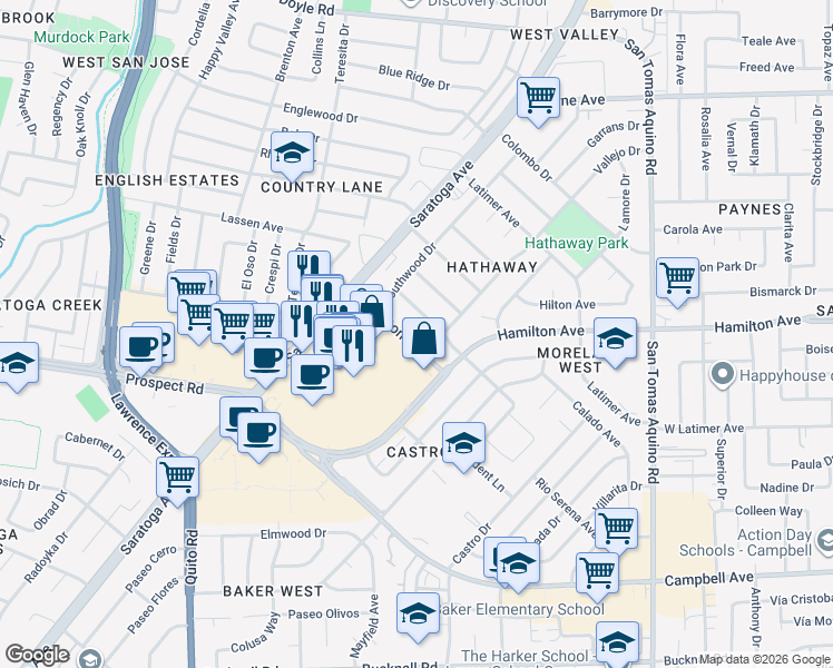 map of restaurants, bars, coffee shops, grocery stores, and more near 4761 Atherton Avenue in San Jose