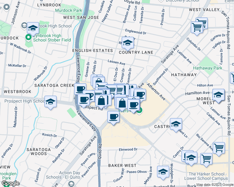map of restaurants, bars, coffee shops, grocery stores, and more near 5130 Le Miccine Terrace in San Jose