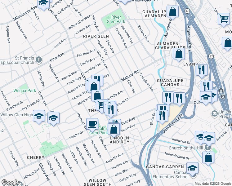 map of restaurants, bars, coffee shops, grocery stores, and more near 947 Terra Bella Avenue in San Jose