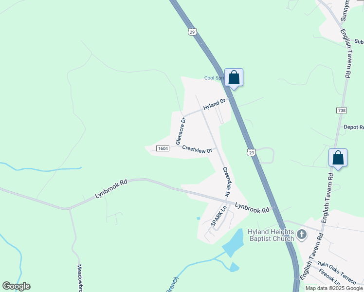 map of restaurants, bars, coffee shops, grocery stores, and more near 179 Crestview Drive in Rustburg
