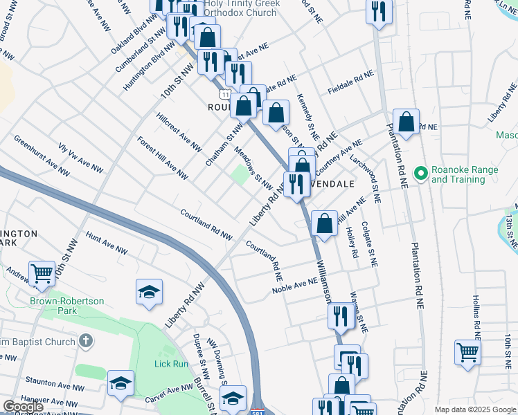 map of restaurants, bars, coffee shops, grocery stores, and more near 2604 Hillcrest Avenue Northwest in Roanoke