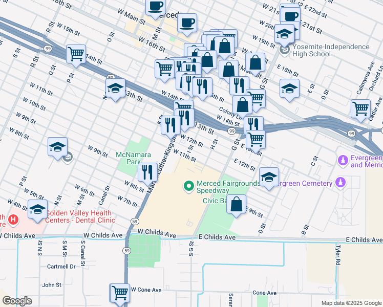 map of restaurants, bars, coffee shops, grocery stores, and more near 151 West 11th Street in Merced