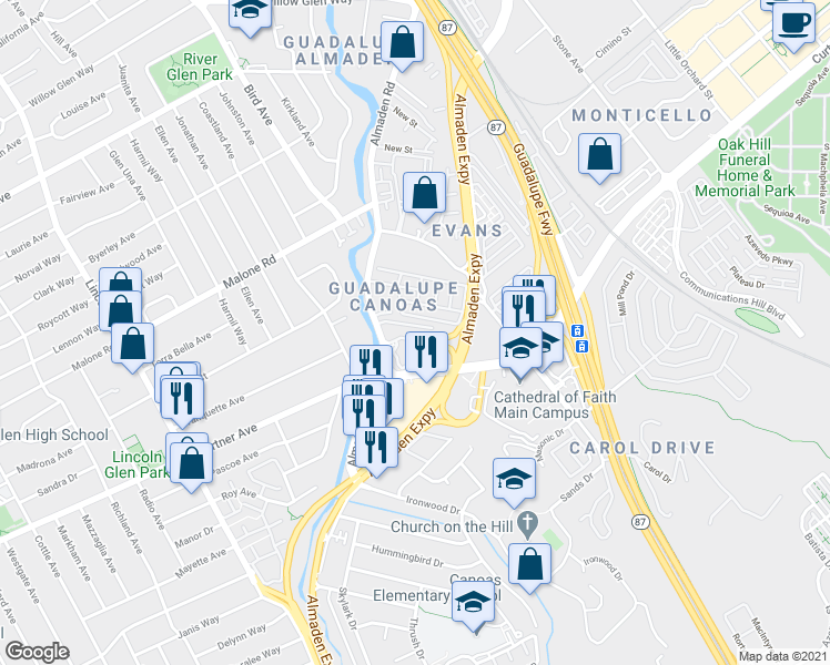 map of restaurants, bars, coffee shops, grocery stores, and more near 2282 Almaden Road in San Jose