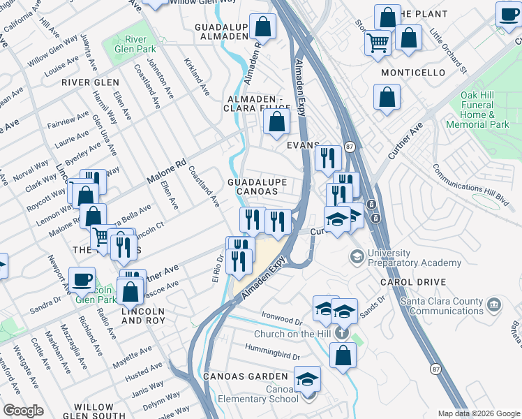 map of restaurants, bars, coffee shops, grocery stores, and more near 2282 Almaden Road in San Jose