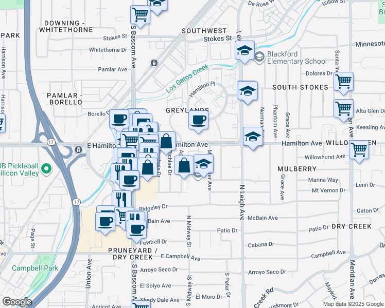 map of restaurants, bars, coffee shops, grocery stores, and more near 426 April Way in Campbell