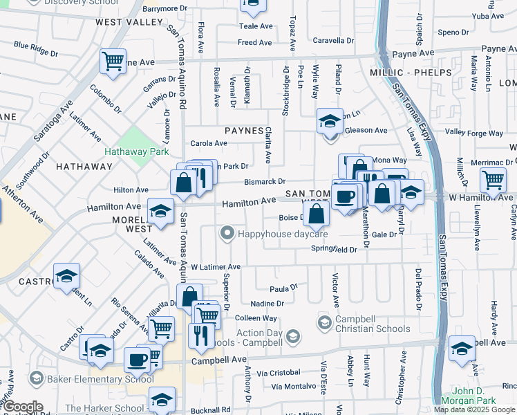 map of restaurants, bars, coffee shops, grocery stores, and more near 1640 Cloverdale Lane in San Jose