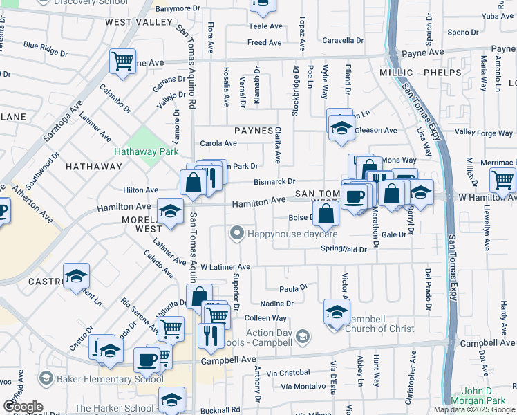 map of restaurants, bars, coffee shops, grocery stores, and more near 1640 Cloverdale Lane in San Jose