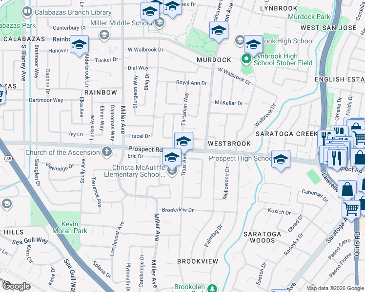 map of restaurants, bars, coffee shops, grocery stores, and more near 12022 Titus Avenue in Saratoga