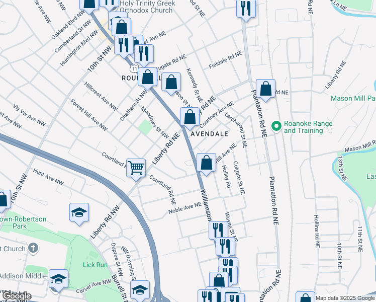 map of restaurants, bars, coffee shops, grocery stores, and more near 1-99 Laconia Avenue Northeast in Roanoke