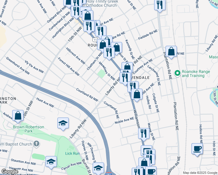 map of restaurants, bars, coffee shops, grocery stores, and more near 2604 Hillcrest Avenue Northwest in Roanoke