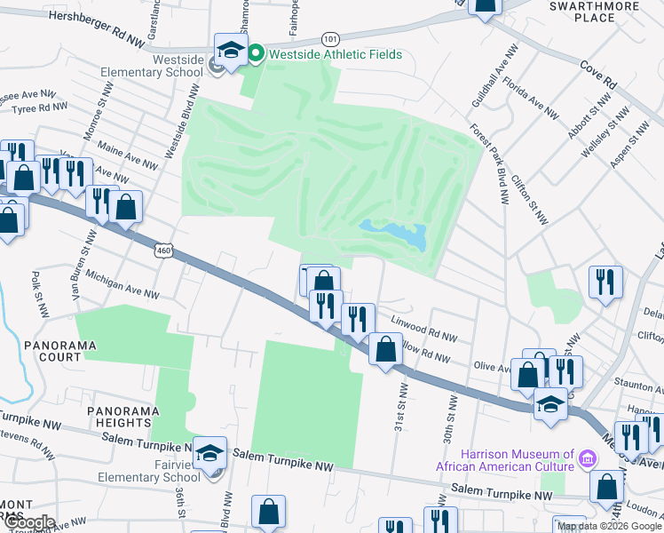 map of restaurants, bars, coffee shops, grocery stores, and more near in Roanoke