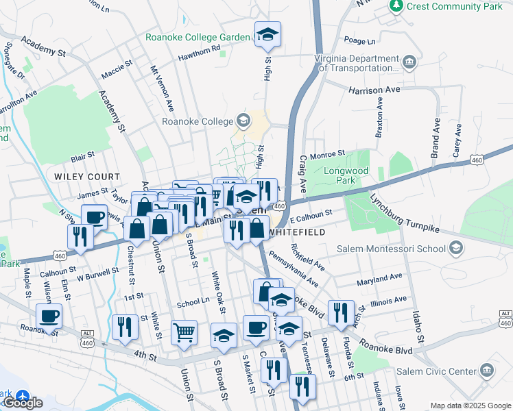 map of restaurants, bars, coffee shops, grocery stores, and more near 301 East Main Street in Salem