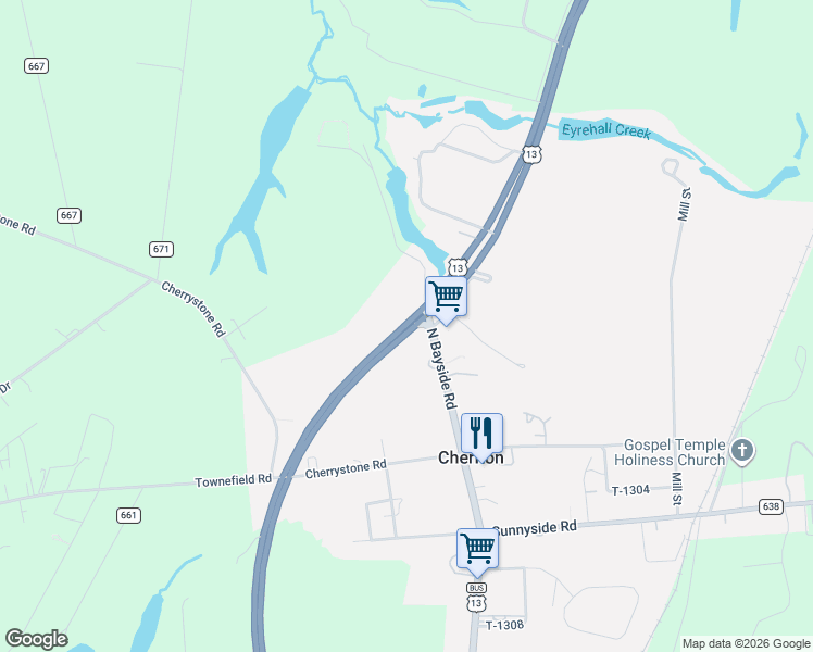 map of restaurants, bars, coffee shops, grocery stores, and more near 21082 North Bayside Road in Cape Charles