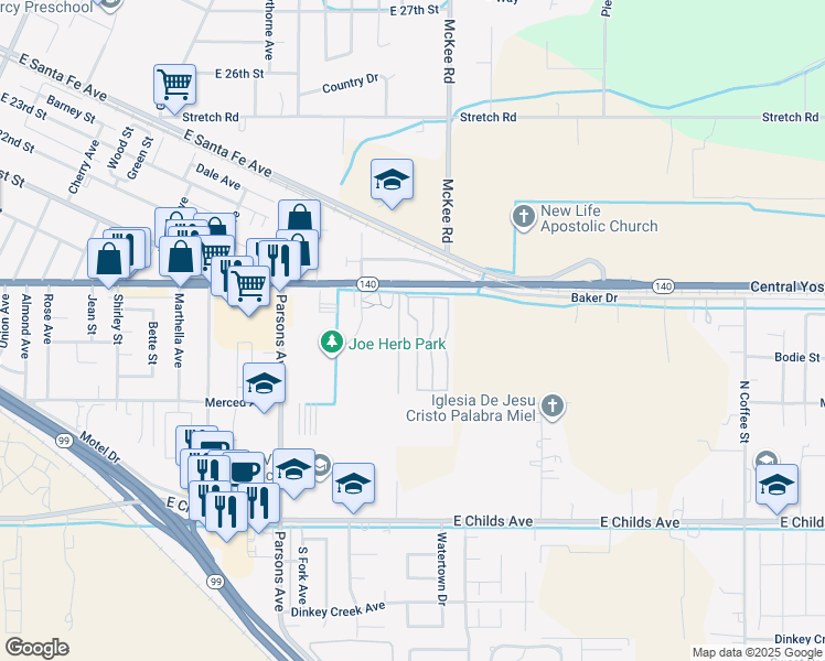 map of restaurants, bars, coffee shops, grocery stores, and more near 2240 Golden Oak Lane in Merced