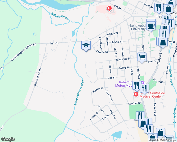 map of restaurants, bars, coffee shops, grocery stores, and more near 814 Creekwood Trail in Farmville