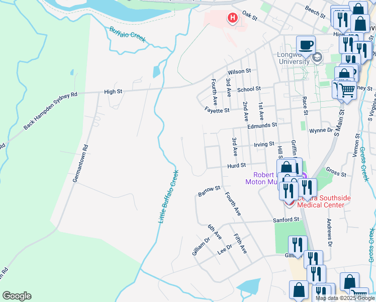 map of restaurants, bars, coffee shops, grocery stores, and more near 814 Creekwood Trail in Farmville