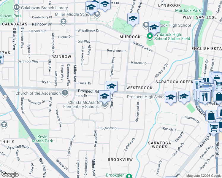 map of restaurants, bars, coffee shops, grocery stores, and more near 12022 Titus Avenue in Saratoga