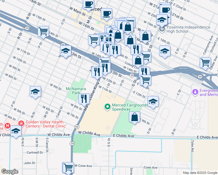map of restaurants, bars, coffee shops, grocery stores, and more near 1106 I Street in Merced