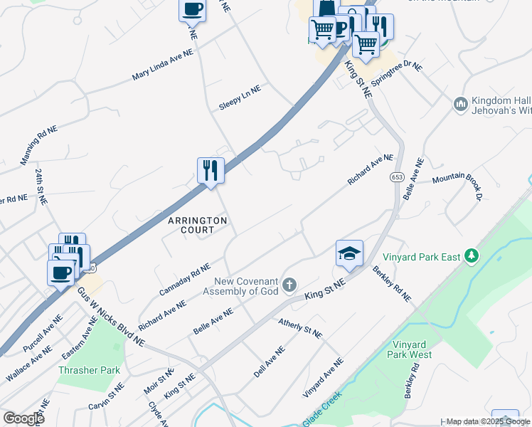 map of restaurants, bars, coffee shops, grocery stores, and more near 3006 Cannaday Road Northeast in Roanoke
