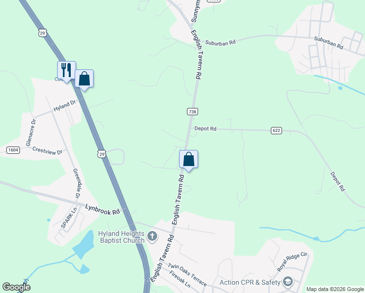 map of restaurants, bars, coffee shops, grocery stores, and more near 721-755 English Tavern Road in Rustburg
