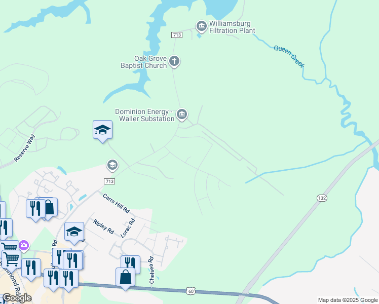 map of restaurants, bars, coffee shops, grocery stores, and more near 107 Corson Way in Williamsburg