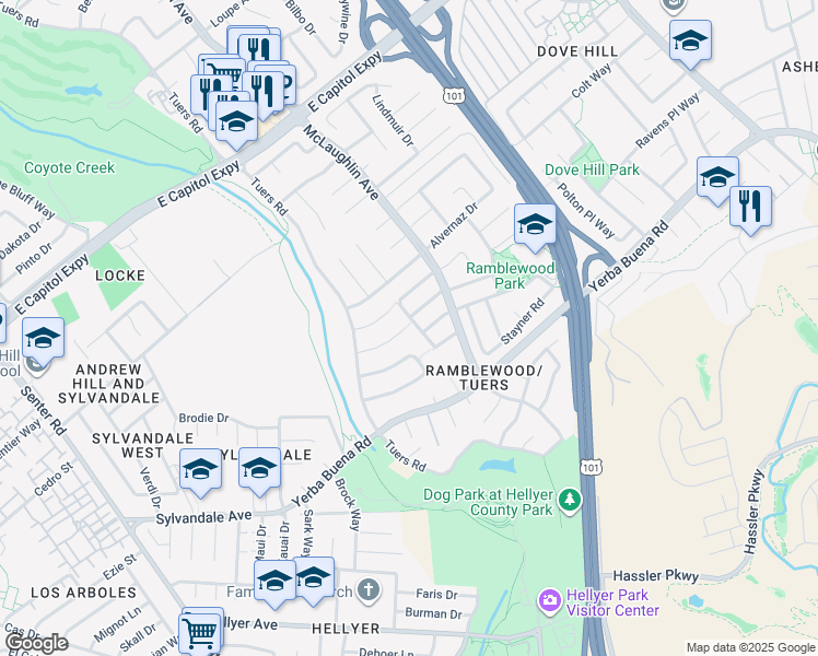 map of restaurants, bars, coffee shops, grocery stores, and more near 3843 Marfrance Drive in San Jose