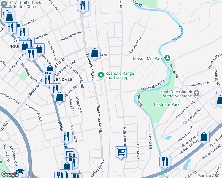 map of restaurants, bars, coffee shops, grocery stores, and more near 2201 Ridgefield Street Northeast in Roanoke