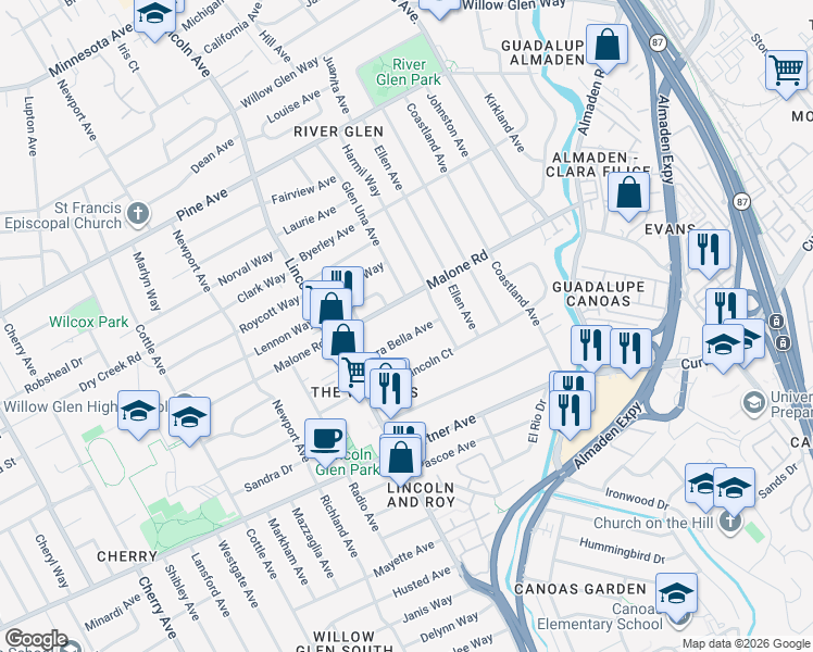 map of restaurants, bars, coffee shops, grocery stores, and more near 947 Terra Bella Avenue in San Jose