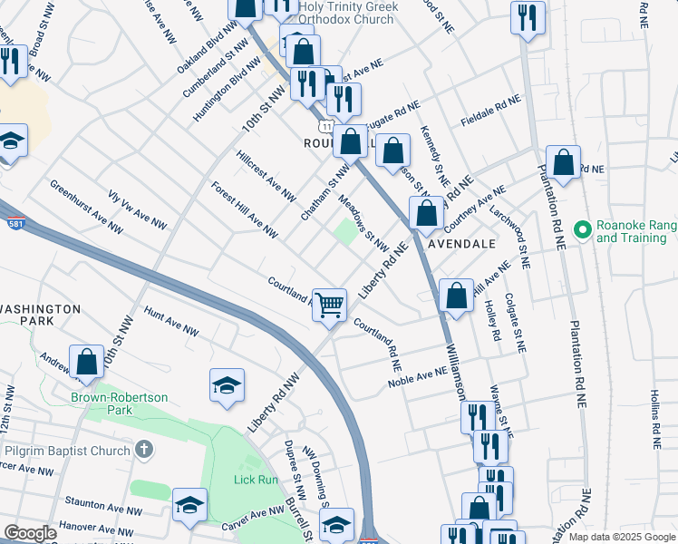 map of restaurants, bars, coffee shops, grocery stores, and more near 2714 Hillcrest Avenue Northwest in Roanoke