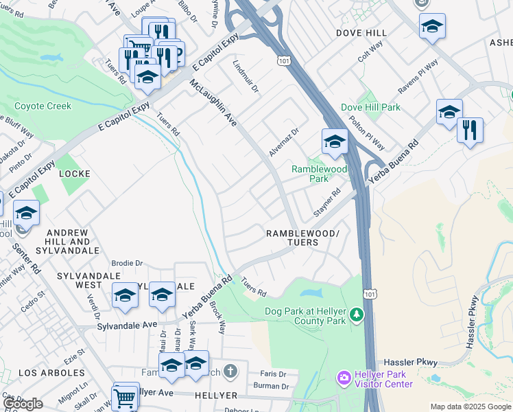 map of restaurants, bars, coffee shops, grocery stores, and more near 3843 Marfrance Drive in San Jose