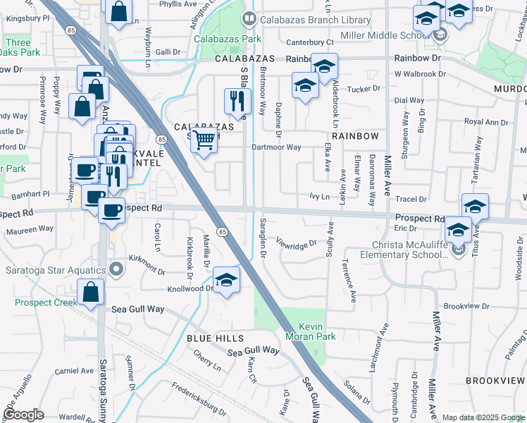 map of restaurants, bars, coffee shops, grocery stores, and more near Prospect Road & Saraglen Drive in San Jose