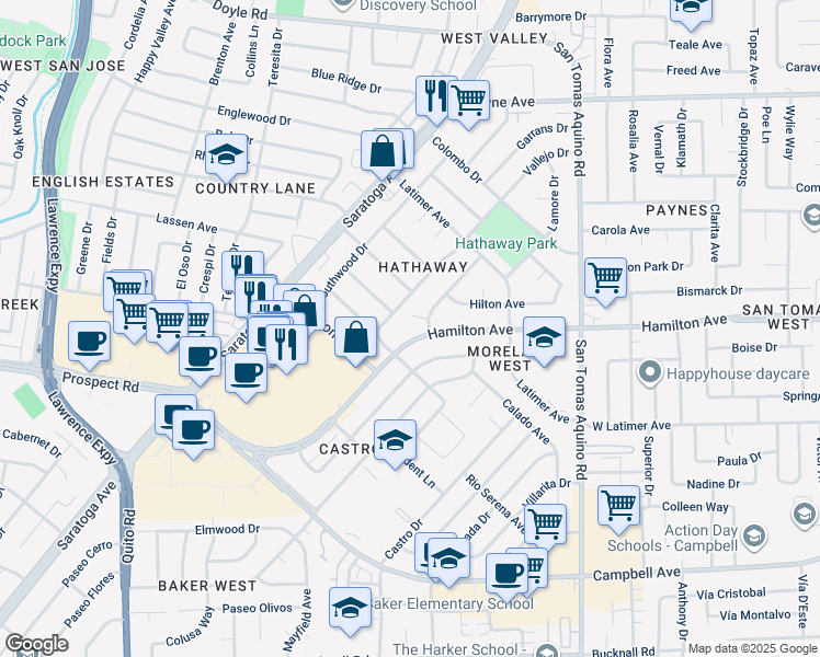 map of restaurants, bars, coffee shops, grocery stores, and more near 1579 Parkview Avenue in San Jose