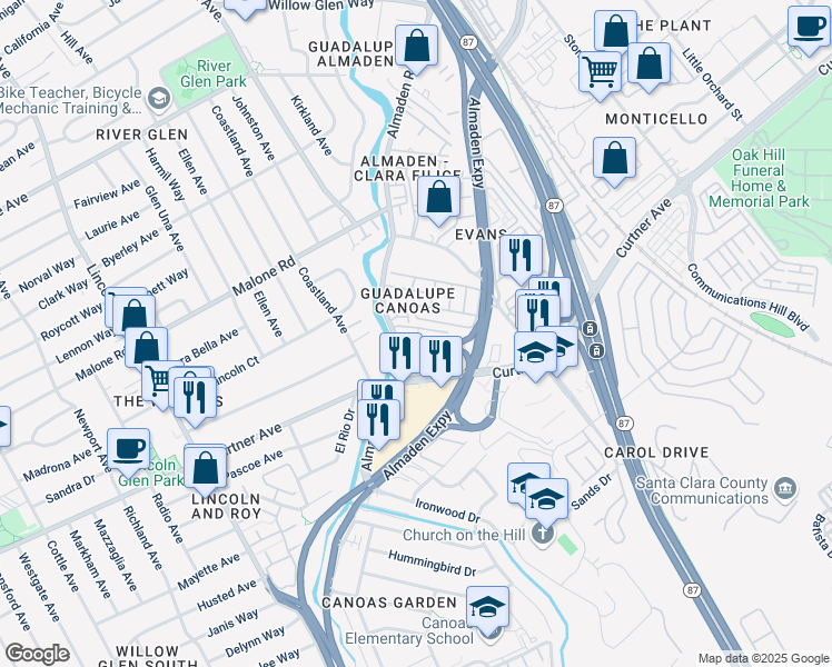 map of restaurants, bars, coffee shops, grocery stores, and more near 766 Nirasa Lane in San Jose