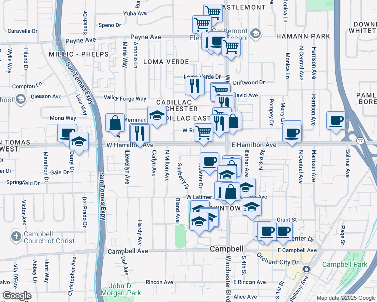 map of restaurants, bars, coffee shops, grocery stores, and more near 161 West Hamilton Avenue in Campbell