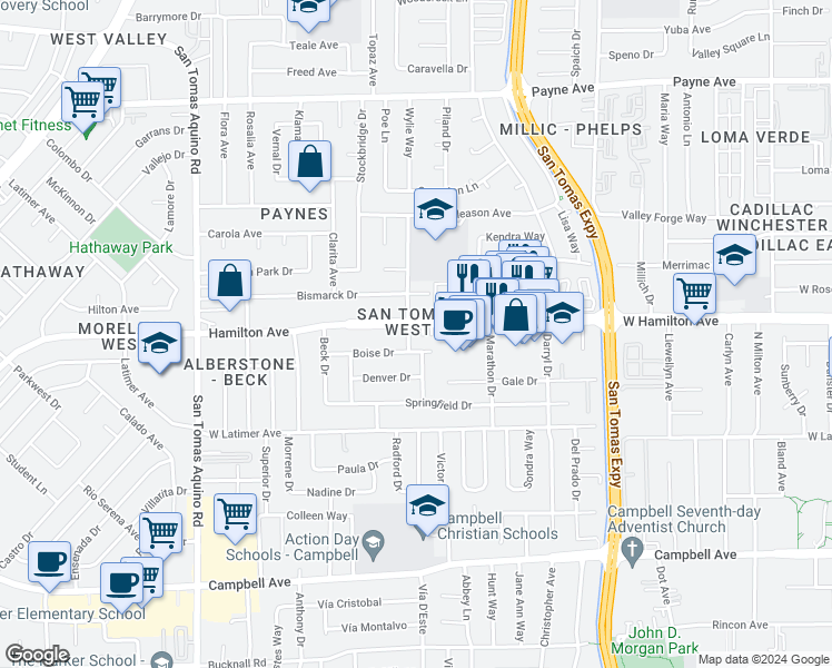map of restaurants, bars, coffee shops, grocery stores, and more near 1029 West Hamilton Avenue in Campbell