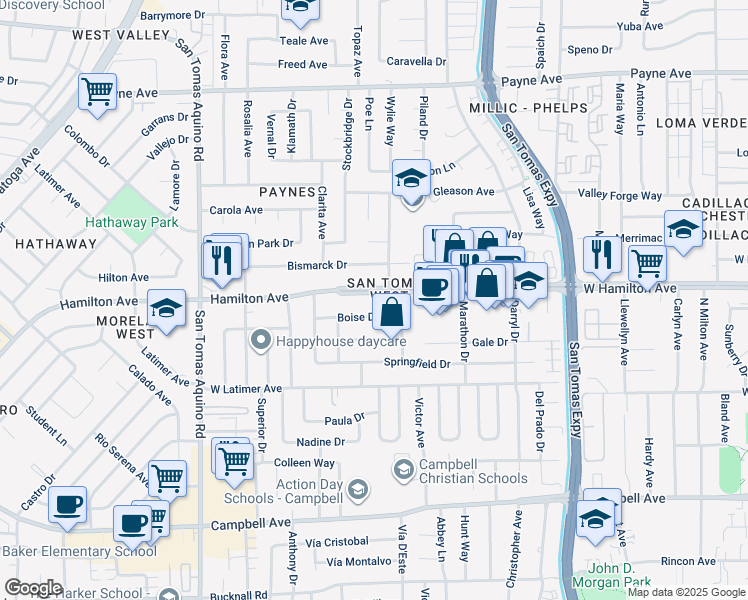 map of restaurants, bars, coffee shops, grocery stores, and more near 1111 West Hamilton Avenue in Campbell