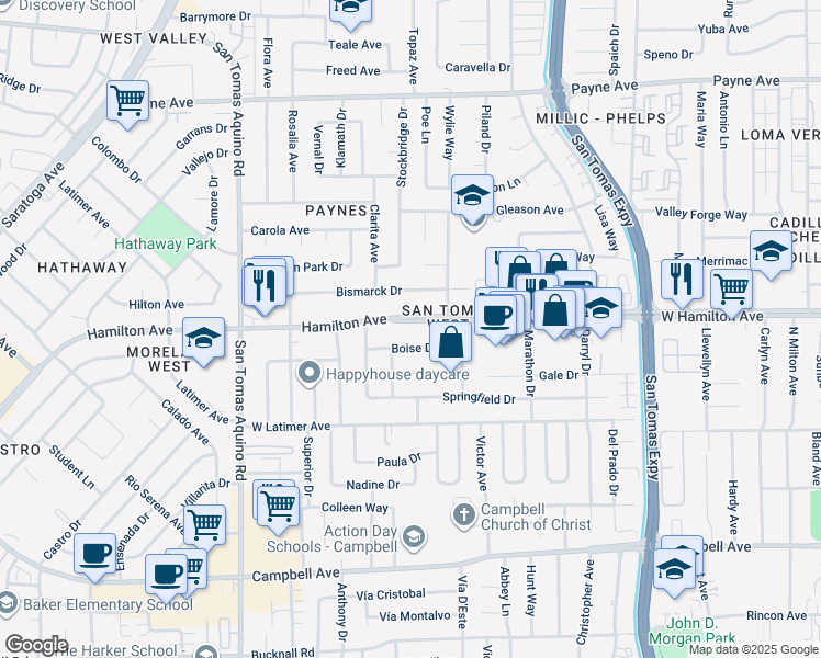 map of restaurants, bars, coffee shops, grocery stores, and more near 1111 West Hamilton Avenue in Campbell